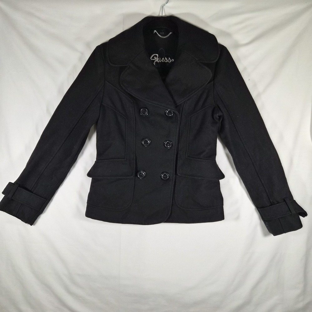 GUESS Y2K Womens Small Black Wool Peacoat Fitted Double Breasted Jacket